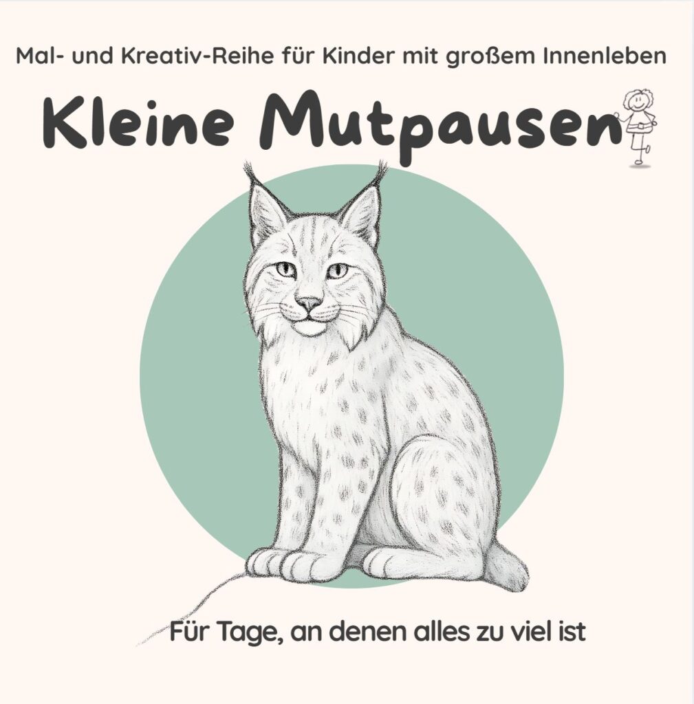 Kleine Mutpausen Band 1 Cover eines Buches u0022Kleine Mutpausenu0022 mit einem gezeichneten Luchs, cremefarben, dezent