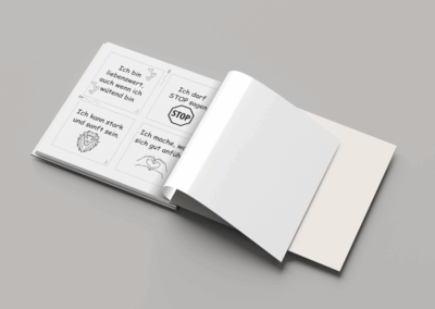 Seite mit Affirmationskarten zum Ausmalen aus dem Kinderbuch „Kleine Mutpausen“, z. B. „Ich darf STOP sagen“.