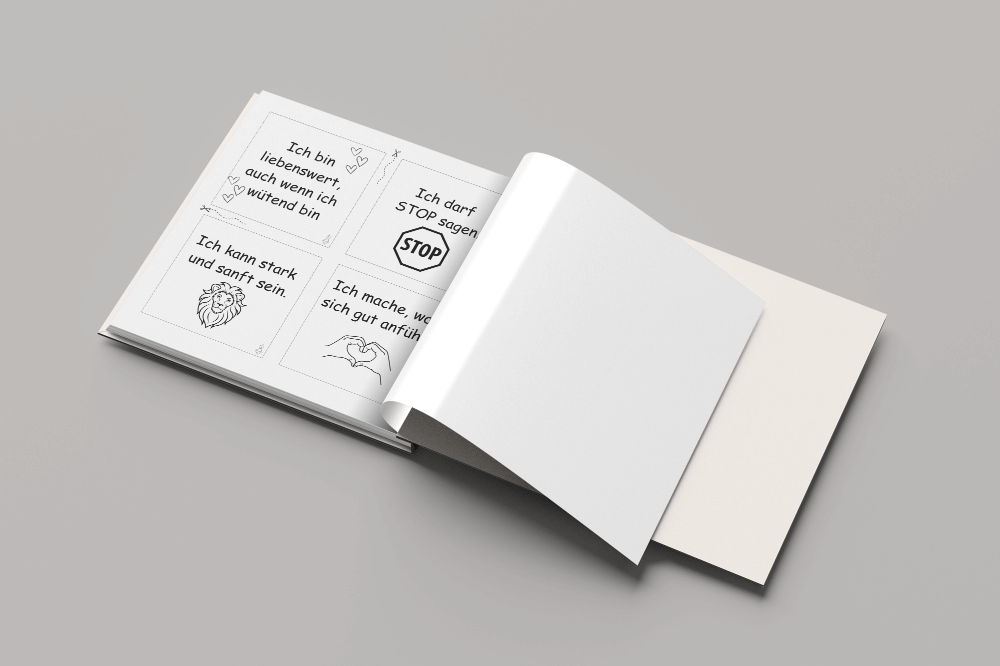 kleine-mutpausen (16) Seite mit Affirmationskarten zum Ausmalen aus dem Kinderbuch „Kleine Mutpausen“, z. B. „Ich darf STOP sagen“.