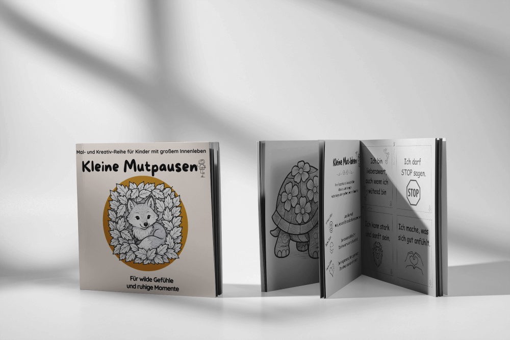 kleine-mutpausen (23) Aufgestelltes Exemplar des Kinderbuchs „Kleine Mutpausen – Für wilde Gefühle und ruhige Momente“ mit Fuchs-Cover, daneben geöffnete Bücher, die eine Schildkröte, kreative Ideen und Affirmationen zum Ausmalen zeigen.