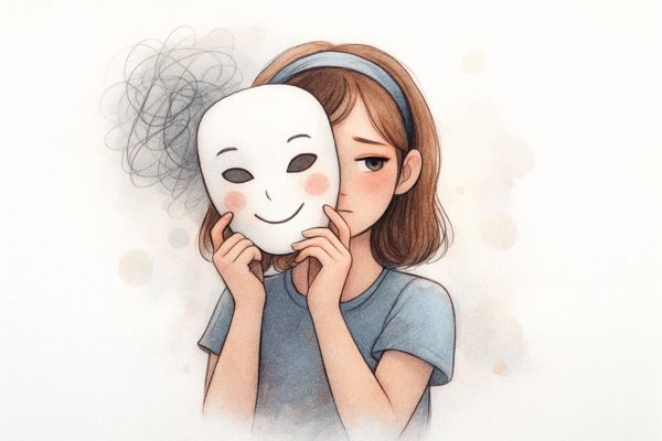 Zeichnung eines Mädchens, das traurig schaut und hinter einer Maske mit einem lächelnden Gesicht hervorschaut