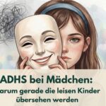 Zeichnung eines traurigen Mädchens, das hinter einer lächelnden Maske hervorschaut