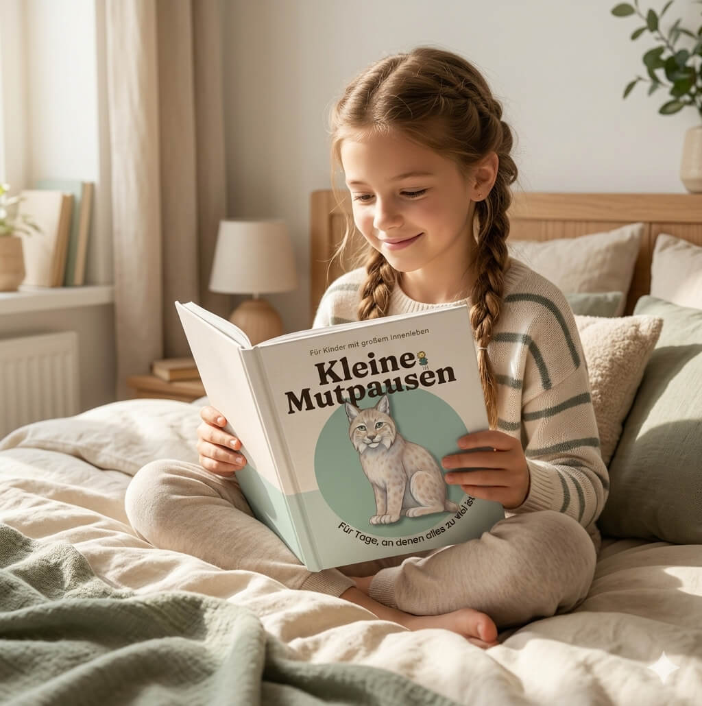 Aufgestelltes Exemplar des Kinderbuchs „Kleine Mutpausen – Für wilde Gefühle und ruhige Momente“ mit Fuchs-Cover, daneben geöffnete Bücher, die eine Schildkröte, kreative Ideen und Affirmationen zum Ausmalen zeigen.