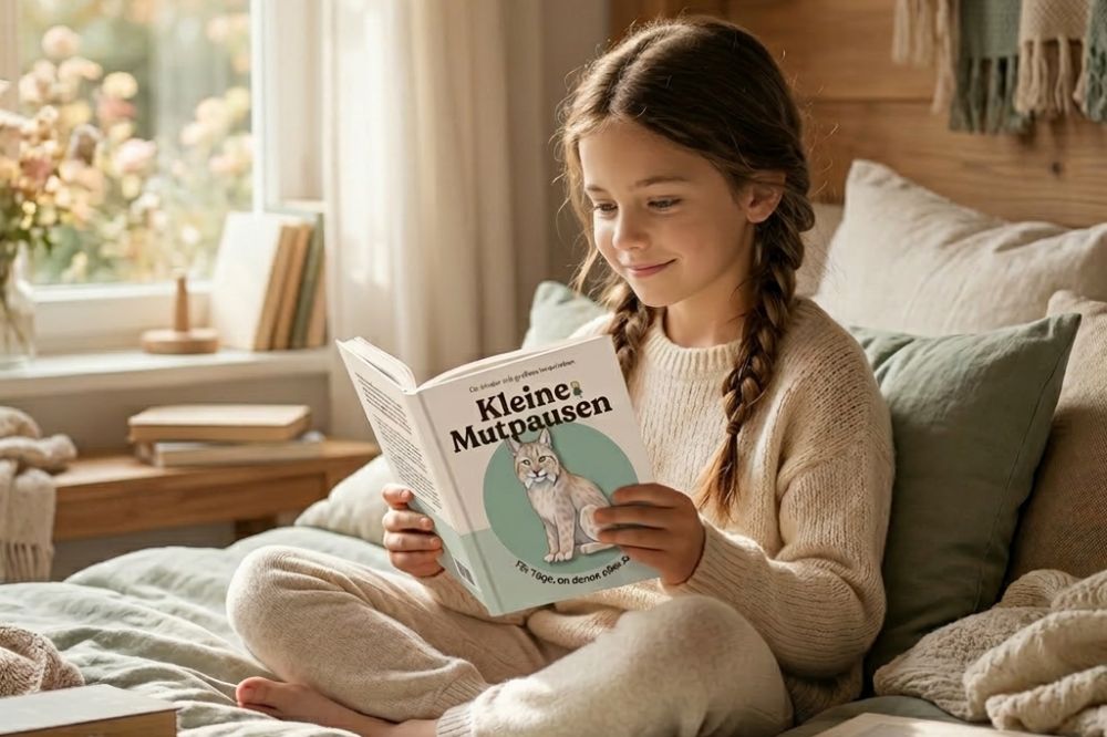 Mädchen sitzt auf Bett mit einem Buch "Kleinen Mutpausen" in den Händen