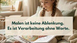 Mädchen sitzt auf Bett mit einem Buch "Kleinen Mutpausen" in den Händen und malt