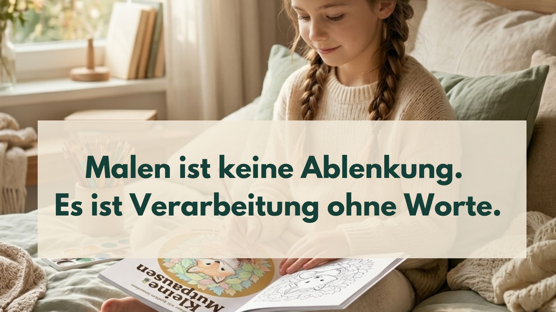 Mädchen sitzt auf Bett mit einem Buch "Kleinen Mutpausen" in den Händen und malt